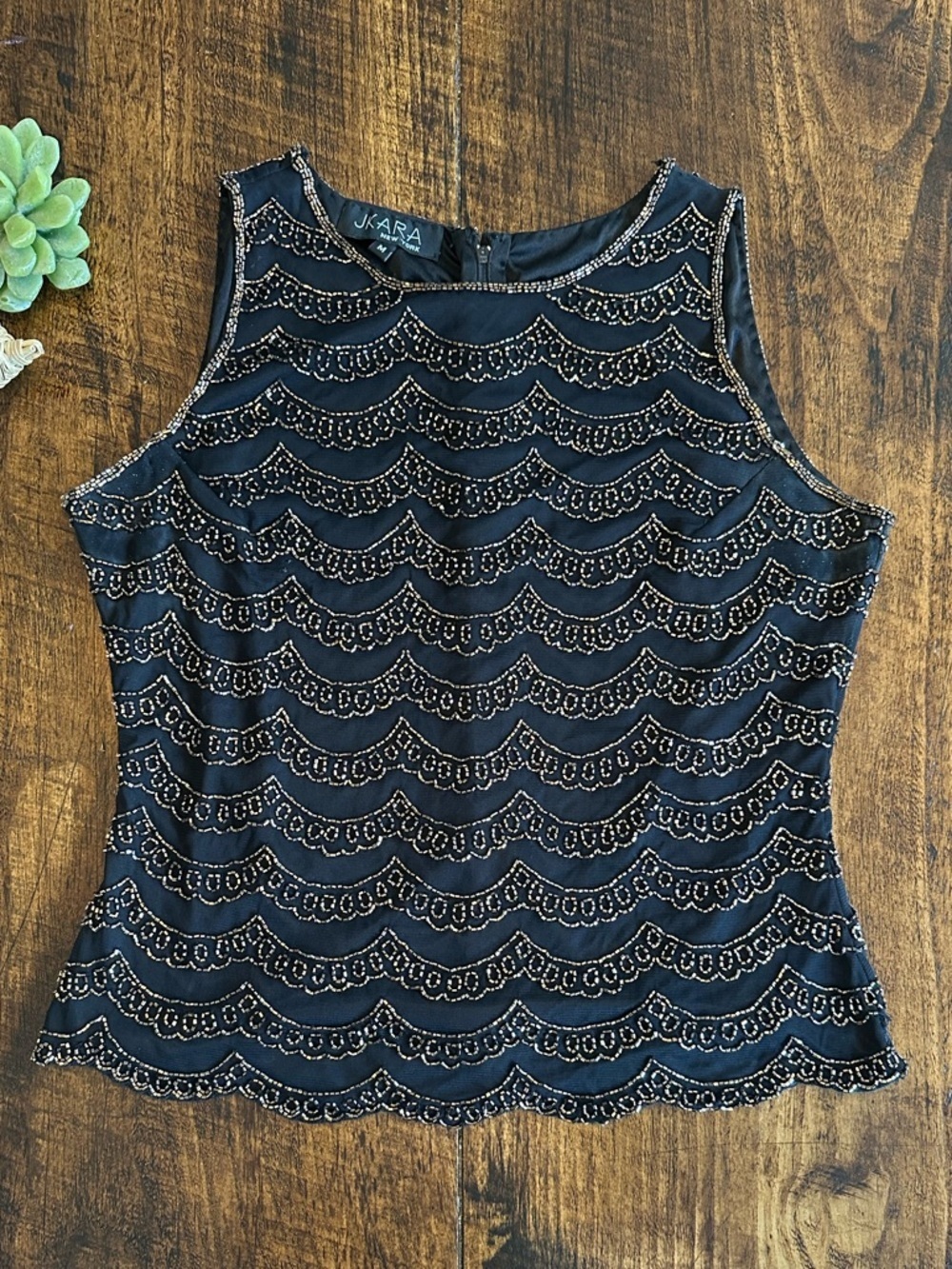 J KARA | Vintage Beaded Sleeveless Top - Art Deco Scalloped Glam, Size M
